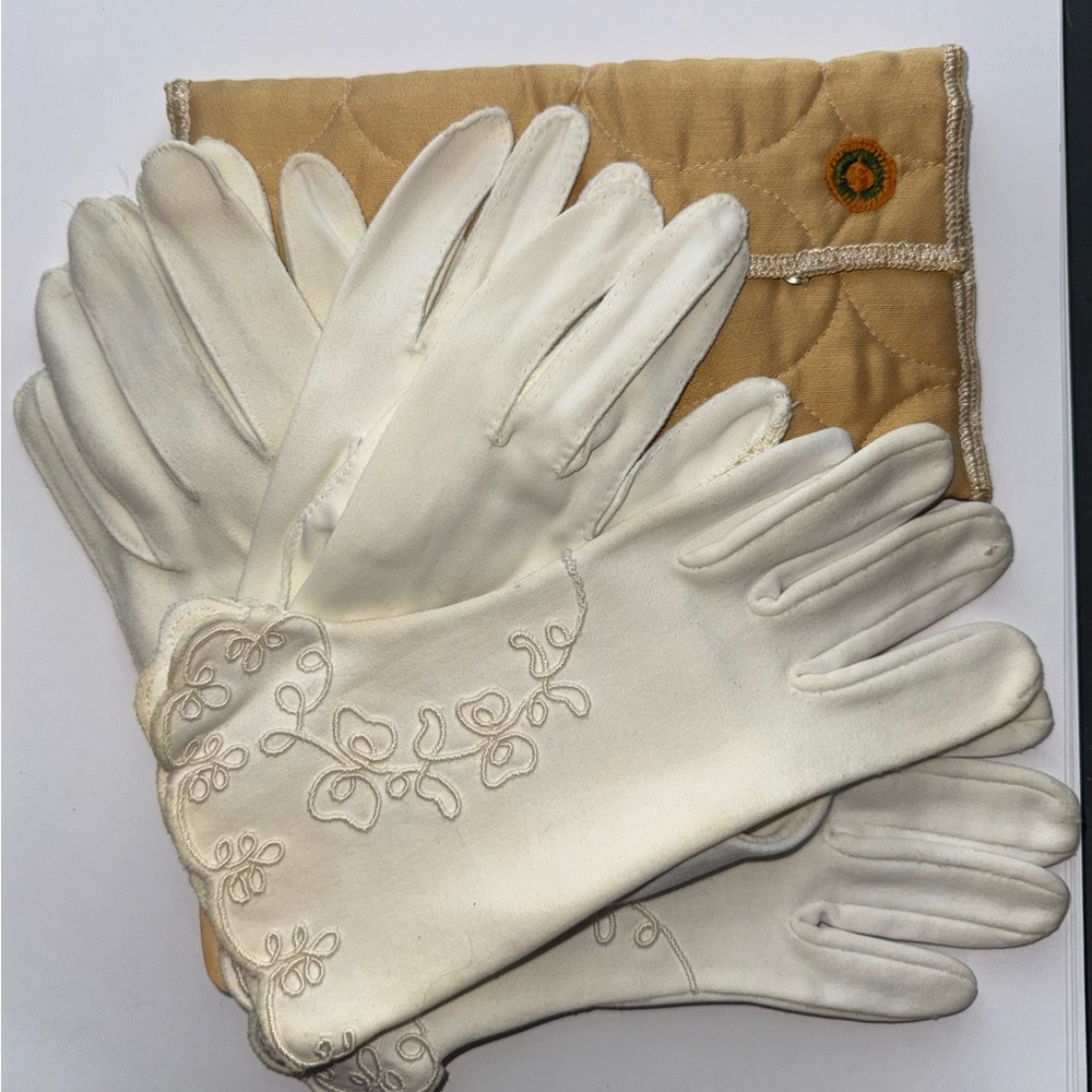 3 Vintage Sets of Elegant White Embroidered Gloves with Quilted Pouch